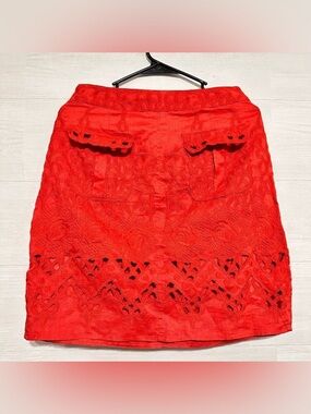 Anthropologie Yoana Baraschi Red Linen Embroidered Floral Skirt Size 0 Boho